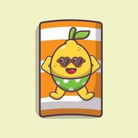 Cute lemon cartoon mascot character in sunglasses sleeping on beach vector