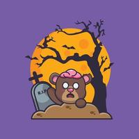 lindo oso zombie sube del cementerio en el día de halloween vector