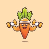 cute carrot cartoon character lifting dumbbell vector