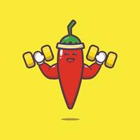 cute chilli cartoon character lifting dumbbell vector