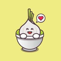 cute garlic cartoon character in bowl vector