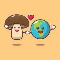 cute mushroom and earth cartoon character illustration vector