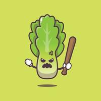 lindo personaje de mascota de dibujos animados de lechuga enojado con palo de béisbol vector