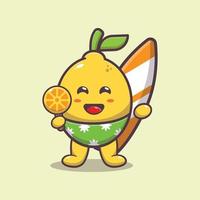 Cute lemon cartoon mascot character holding surfboard and ice on beach vector