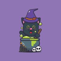 lindo gato bruja haciendo poción en el día de halloween vector