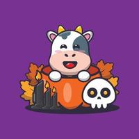 Cute cow in halloween pumpkin vector