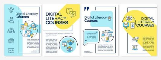 Digital literacy courses blue and yellow brochure template. Computer skills. Leaflet design with linear icons. 4 vector layouts for presentation, annual reports. Questrial, Lato-Regular fonts used