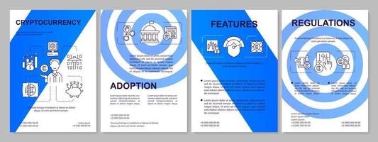 Cryptocurrency usage blue brochure template. Regulations and features. Leaflet design with linear icons. 4 vector layouts for presentation, annual reports. Arial, Myriad Pro-Regular fonts used