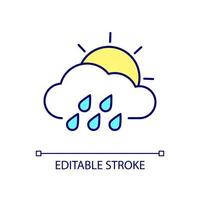 Cloudy weather with rainfall RGB color icon. Accurate report. Weather forecast. Overcast sky condition. Isolated vector illustration. Simple filled line drawing. Editable stroke. Arial font used