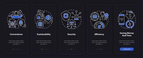 Smart technologies benefits night mode onboarding mobile app screen. Walkthrough 5 steps graphic instructions pages with linear concepts. UI, UX, GUI template. Myriad Pro-Bold, Regular fonts used vector