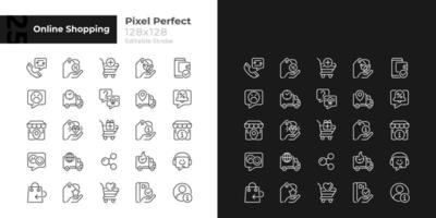 Online shopping pixel perfect linear icons set for dark, light mode. Electronic commerce. Thin line symbols for night, day theme. Isolated illustrations. Editable stroke. Quicksand-Light font used vector