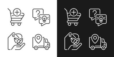 Online shopping services pixel perfect linear icons set for dark, light mode. Delivery regions. Ecofriendly product. Thin line symbols for night, day theme. Isolated illustrations. Editable stroke vector