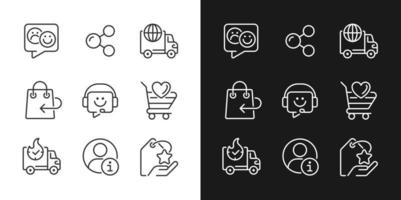 Online shopping assistance pixel perfect linear icons set for dark, light mode. Customer and client service. Help desk. Thin line symbols for night, day theme. Isolated illustrations. Editable stroke vector