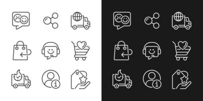 Online shopping assistance pixel perfect linear icons set for dark, light mode. Customer and client service. Help desk. Thin line symbols for night, day theme. Isolated illustrations. Editable stroke vector