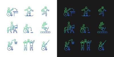 Sport championship gradient icons set for dark and light mode. Athletes with physical disability. Thin line contour symbols bundle. Isolated vector outline illustrations collection on black and white