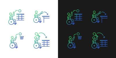 Adaptive wheelchair sports gradient icons set for dark and light mode. Sportsman with disability. Thin line contour symbols bundle. Isolated vector outline illustrations collection on black and white