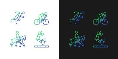 Iconos de degradado deportivo adaptativo configurados para modo oscuro y claro. deportista con prótesis. paquete de símbolos de contorno de línea delgada. colección de ilustraciones de contorno vectorial aislado en blanco y negro vector