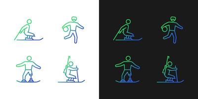 Winter season athletics gradient icons set for dark and light mode. Disabled sportsmen. Thin line contour symbols bundle. Isolated vector outline illustrations collection on black and white