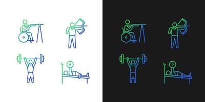 Single adaptive contests gradient icons set for dark and light mode. Sportsman with disability. Thin line contour symbols bundle. Isolated vector outline illustrations collection on black and white