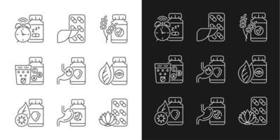 Food supplements linear icons set for dark and light mode. Dietary products for health. Digestive medicine. Customizable thin line symbols. Isolated vector outline illustrations. Editable stroke