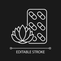 Tranquilizing supplements white linear icon for dark theme. Nervousness reducing. Peaceful rest. Thin line customizable illustration. Isolated vector contour symbol for night mode. Editable stroke