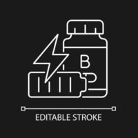 B vitamins for fatigue white linear icon for dark theme. Supplements to combat stress and dizziness. Thin line customizable illustration. Isolated vector contour symbol for night mode. Editable stroke