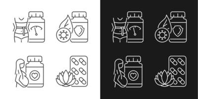 Food supplements linear icons set for dark and light mode. Pills for pregnant women. Immune boost supplements. Customizable thin line symbols. Isolated vector outline illustrations. Editable stroke