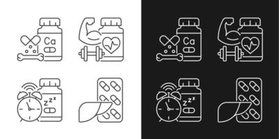 Food supplements linear icons set for dark and light mode. Strengthening bones. Cardiovascular tablets. Customizable thin line symbols. Isolated vector outline illustrations. Editable stroke