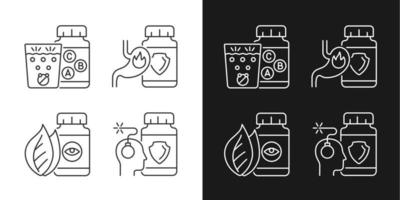 Food supplements linear icons set for dark and light mode. Heartburn relief. Water dissolving vitamin tablets. Customizable thin line symbols. Isolated vector outline illustrations. Editable stroke