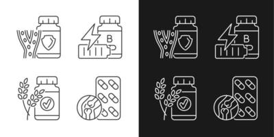 complementos alimenticios iconos lineales establecidos para modo oscuro y claro. Vitaminas b para la fatiga. ingredientes naturales. símbolos de línea fina personalizables. ilustraciones aisladas de contorno vectorial. trazo editable vector