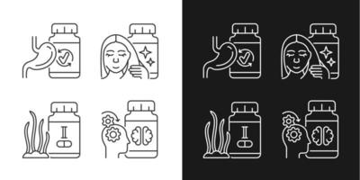 complementos alimenticios iconos lineales establecidos para modo oscuro y claro. medicina para un mejor trabajo mental. suplementos de yodo símbolos de línea fina personalizables. ilustraciones aisladas de contorno vectorial. trazo editable vector