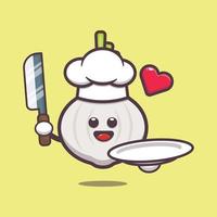 cute garlic with chef hat holding knife and plate vector