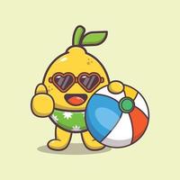 lindo personaje de mascota de dibujos animados de limón en gafas de sol sosteniendo pelota de playa vector