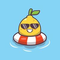 lindo personaje de mascota de dibujos animados de limón con gafas de sol en el flotador de la piscina vector