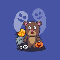 Cute bear scared by ghost in halloween day vector