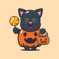 lindo gato con disfraz de calabaza de halloween vector