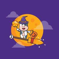 Cute cow fly with broom in halloween night vector