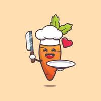 cute carrot with chef hat holding knife and plate vector