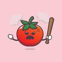 lindo personaje de mascota de dibujos animados de tomate enojado con palo de béisbol vector