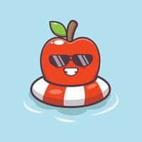 lindo personaje de mascota de dibujos animados de manzana con gafas de sol en el flotador de la piscina vector