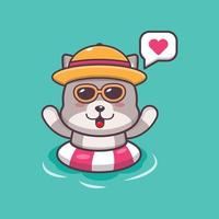 Cute cat cartoon mascot character in sunglasses swimming on beach vector