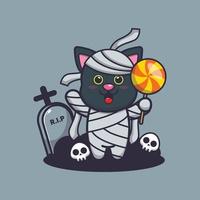 lindo gato con disfraz de momia sosteniendo dulces de halloween vector