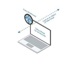 Prevent Eye Strain with the 20-20-20 rule  to take a break every 20 minutes and 20 second vector