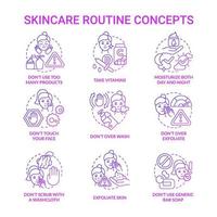 Skincare routine purple gradient concept icons set. Cosmetological procedures for face idea thin line color illustrations. Isolated outline drawings. Roboto-Medium, Myriad Pro-Bold fonts used vector