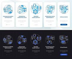 tendencias de marketing tipos de pantalla de aplicación móvil de incorporación de modo día y noche. tutorial 5 pasos páginas de instrucciones gráficas con conceptos lineales. interfaz de usuario, ux, plantilla de interfaz gráfica de usuario. innumerables fuentes pro-negrita y regulares utilizadas vector