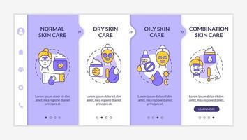 Skin types care purple and white onboarding template. Beauty tips. Responsive mobile website with linear concept icons. Web page walkthrough 4 step screens. Lato-Bold, Regular fonts used vector