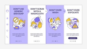 Skincare donts purple and white onboarding template. Wrong procedures. Responsive mobile website with linear concept icons. Web page walkthrough 4 step screens. Lato-Bold, Regular fonts used vector