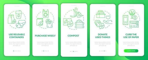 How to minimize waste green gradient onboarding mobile app screen. Walkthrough 5 steps graphic instructions pages with linear concepts. UI, UX, GUI template. Myriad Pro-Bold, Regular fonts used vector