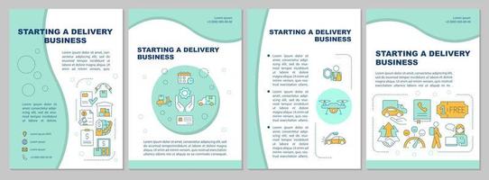 Starting delivery business mint brochure template. Shipment. Booklet print design with linear icons. Vector layouts for presentation, annual reports, ads. Arial-Black, Myriad Pro-Regular fonts used