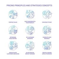 principios y estrategias de fijación de precios conjunto de iconos de concepto de gradiente azul. establecer segmentos de clientes idea ilustraciones en color de línea delgada. dibujos de contorno aislados. roboto-medium, innumerables fuentes pro-bold utilizadas vector